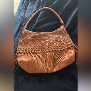 Woven Fringe Leather Shoulder Bag